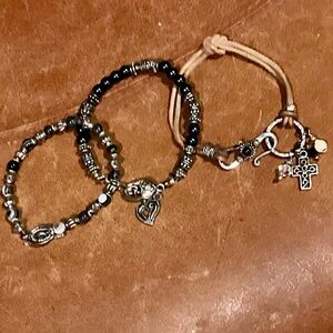 Silver &  Black Beaded & Leather Bracelet Set with Charms